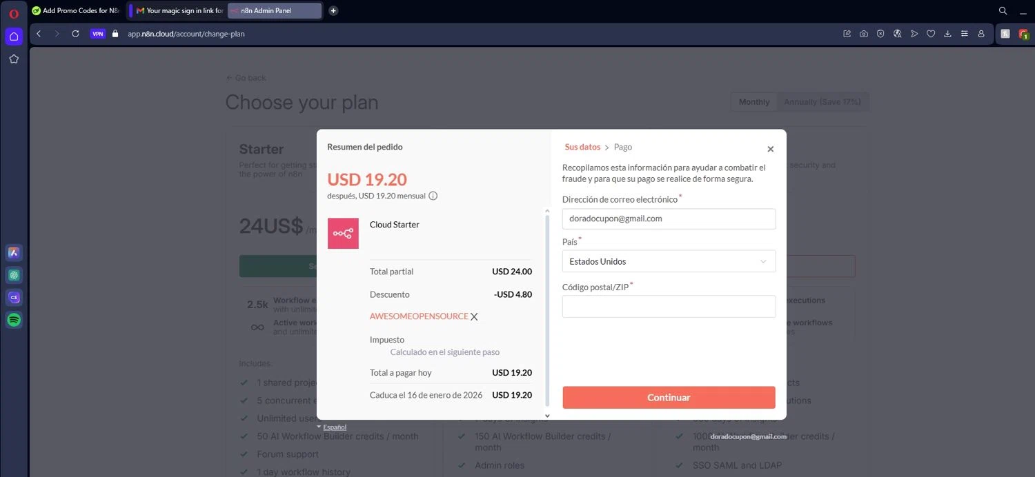 N8n.io promo code screenshot showing code AWESOMEOPENSOURCE applied at N8n.io checkout page. Uploaded by SimplyCodes community member Mdeoca on Dec 17, 2025