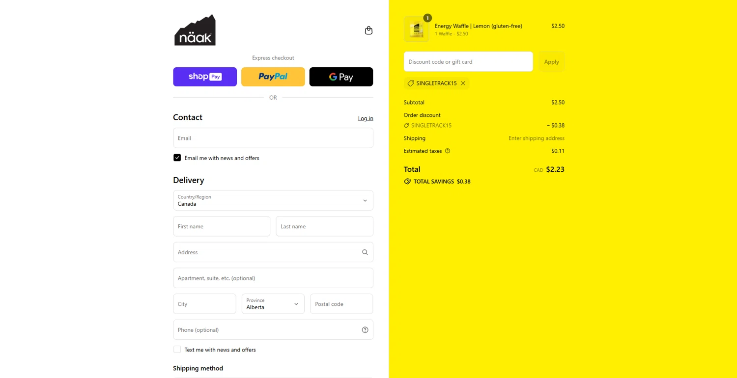 Naak discount code screenshot showing code SINGLETRACK15 applied at Naak checkout page. Uploaded by SimplyCodes community member WonderGuardian4443 on Jul 14, 2025