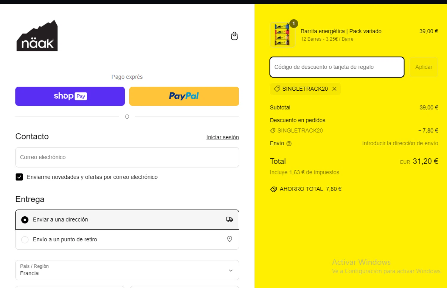 Naak discount code screenshot showing code SINGLETRACK20 applied at Naak checkout page. Uploaded by SimplyCodes community member Lestara_23 on Mar 8, 2025