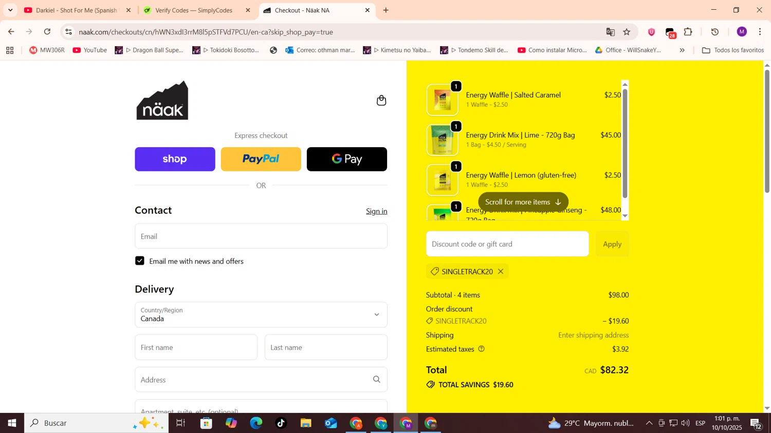 Naak discount code screenshot showing code SINGLETRACK20 applied at Naak checkout page. Uploaded by SimplyCodes community member cod_gakpo on Oct 10, 2025
