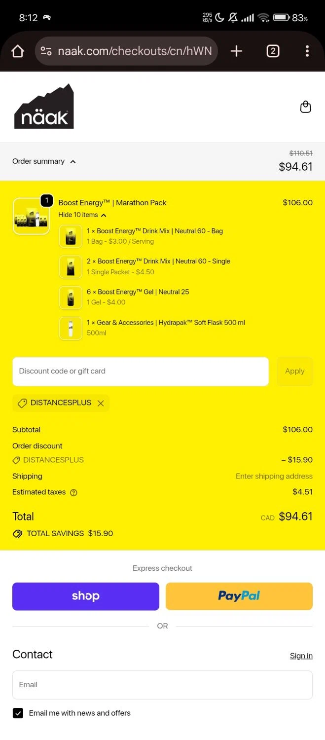 Naak discount code screenshot showing code DISTANCESPLUS applied at Naak checkout page. Uploaded by SimplyCodes community member Jutdcv on Nov 2, 2025