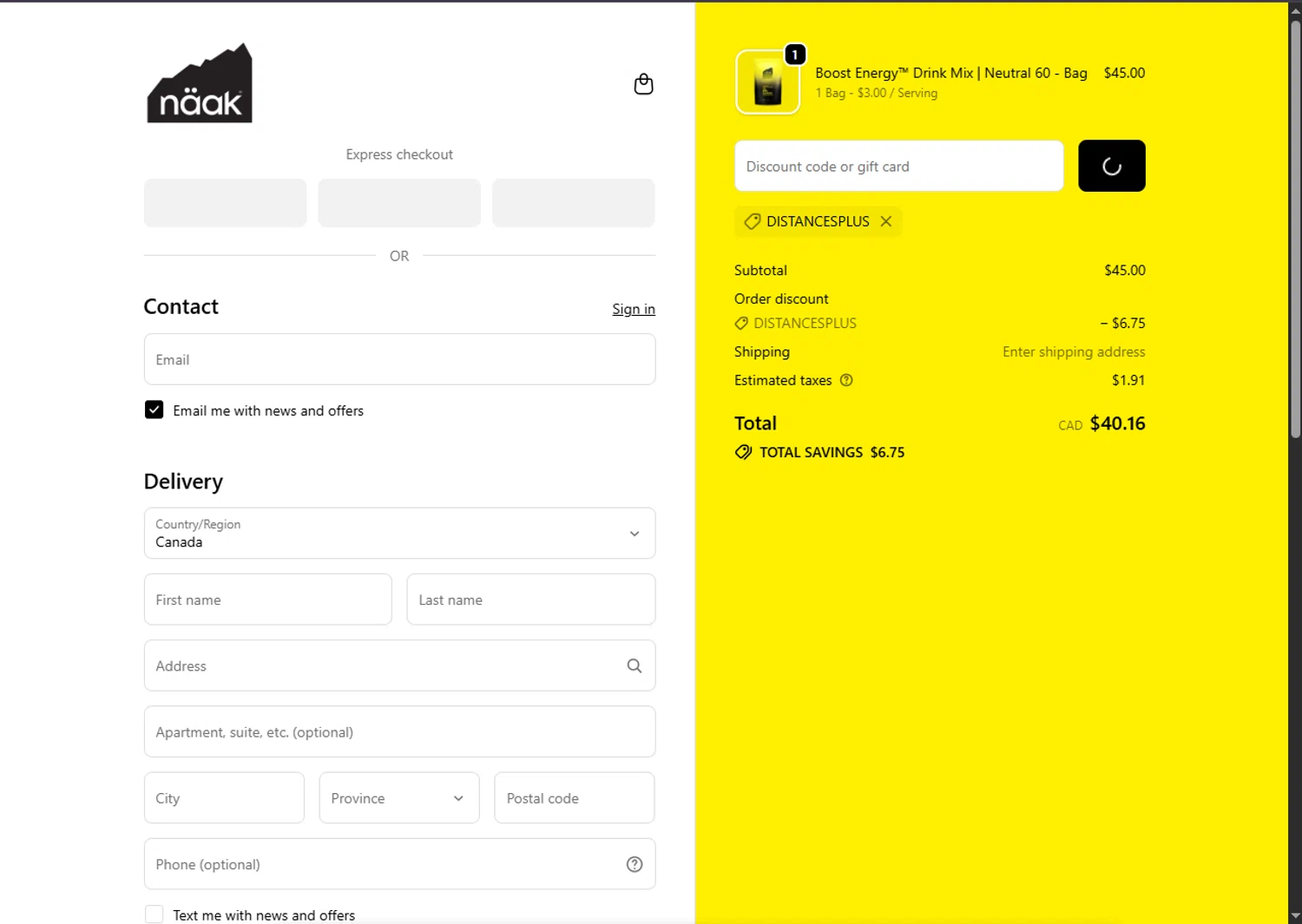Naak discount code screenshot showing code DISTANCESPLUS applied at Naak checkout page. Uploaded by SimplyCodes community member VoucherFinder3467 on Nov 29, 2025