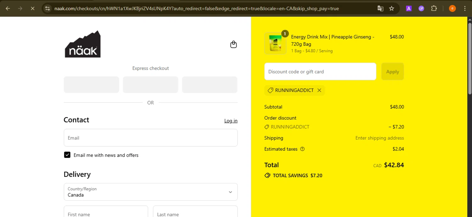 Naak discount code screenshot showing code RUNNINGADDICT applied at Naak checkout page. Uploaded by SimplyCodes community member NobleElite1598 on Aug 8, 2025