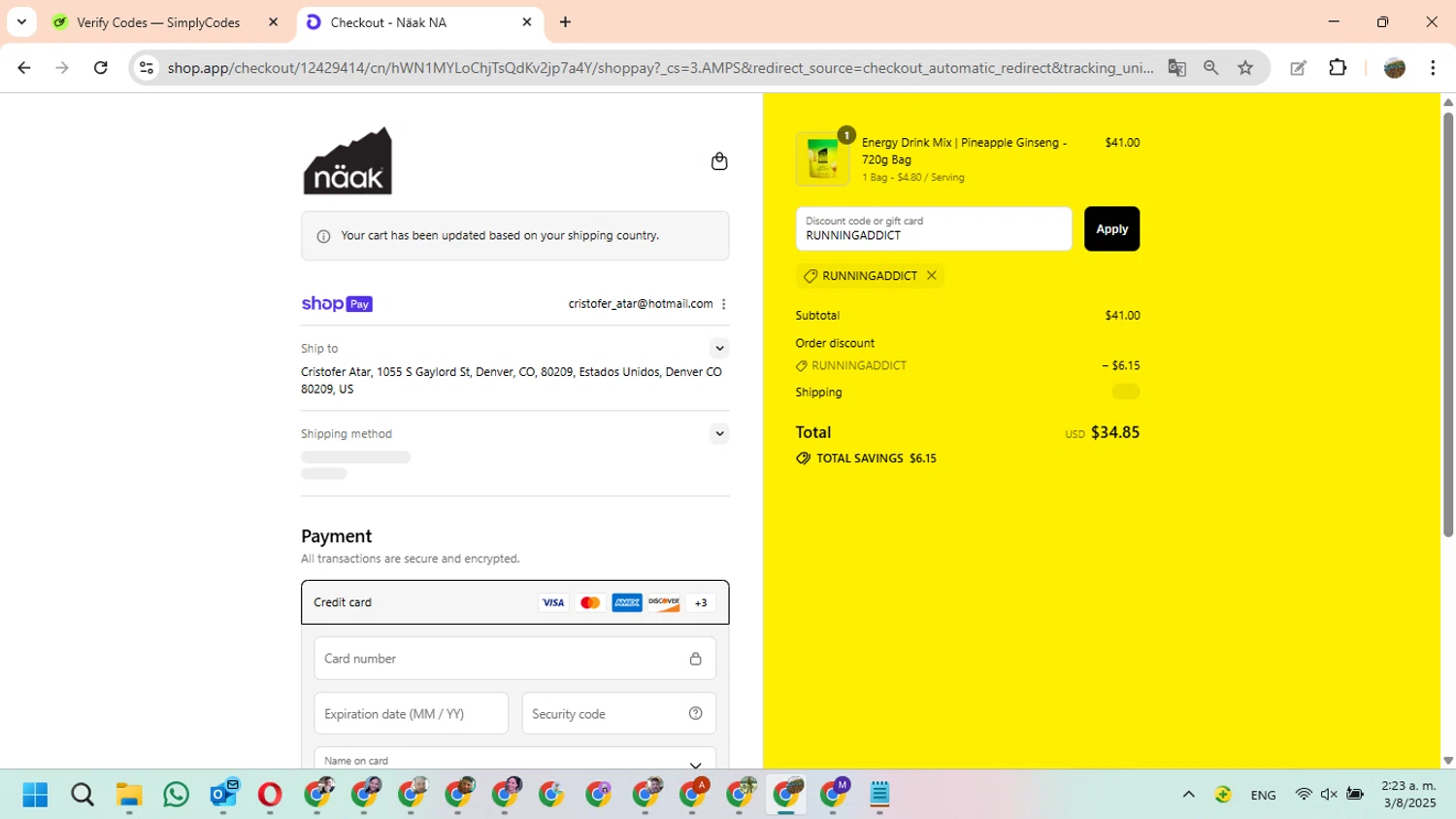 Naak discount code screenshot showing code RUNNINGADDICT applied at Naak checkout page. Uploaded by SimplyCodes community member FundoEsperanza on Aug 3, 2025