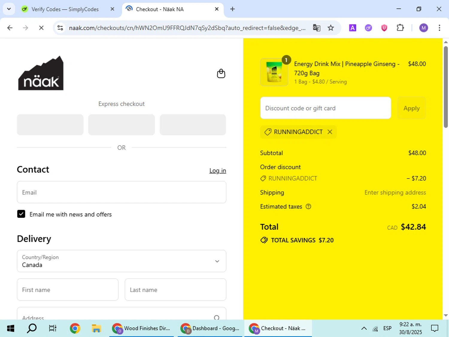 Naak discount code screenshot showing code RUNNINGADDICT applied at Naak checkout page. Uploaded by SimplyCodes community member VoucherScout6115 on Aug 30, 2025