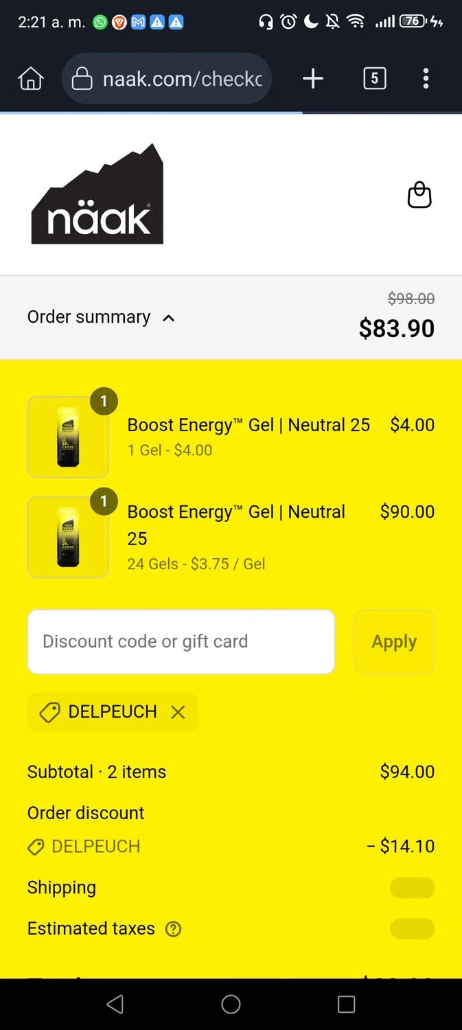 Naak discount code screenshot showing code DELPEUCH applied at Naak checkout page. Uploaded by SimplyCodes community member George07 on Aug 3, 2025