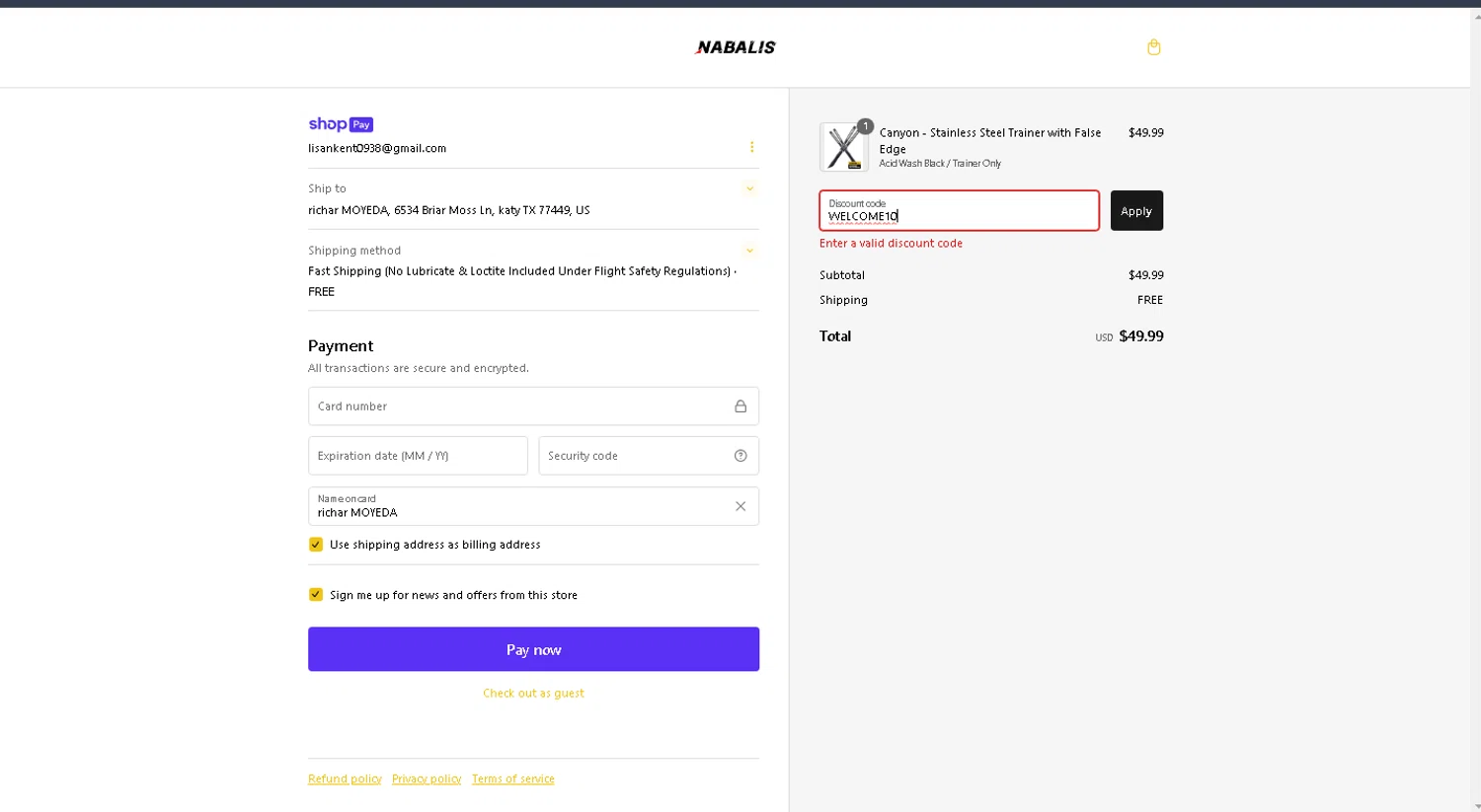 Nabalis discount code screenshot showing code WELCOME10 applied at Nabalis checkout page. Uploaded by SimplyCodes community member VEROSS on Feb 12, 2025