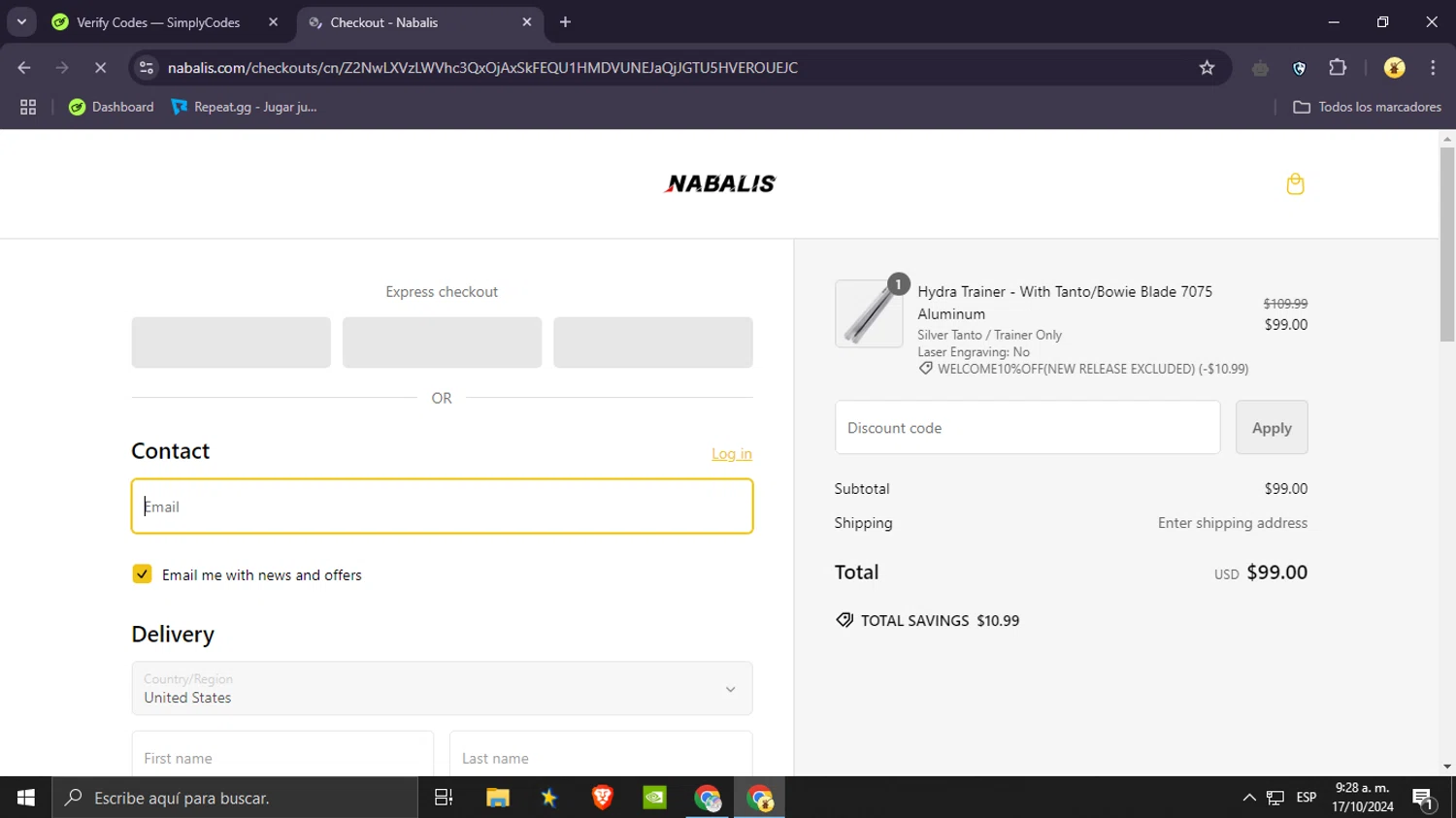 Nabalis checkout page showing Nabalis discount code box | Screenshot taken by SimplyCodes community member on Oct 17, 2024