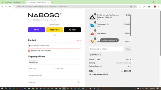 Naboso checkout page showing Naboso discount code box | Screenshot taken by SimplyCodes community member on Sep 11, 2025