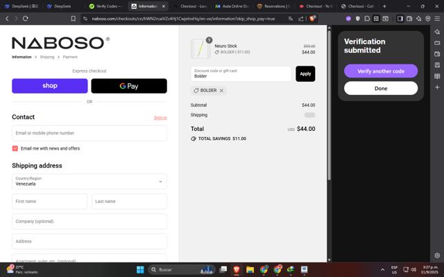 Naboso checkout page showing Naboso discount code box | Screenshot taken by SimplyCodes community member on Sep 11, 2025