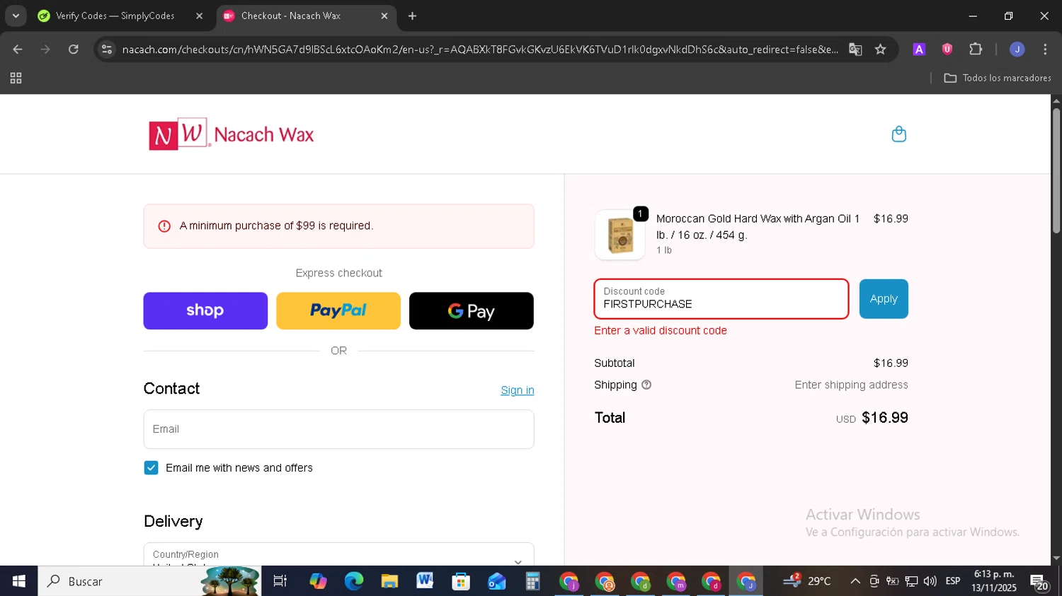 Nacach Wax discount code screenshot showing code FIRSTPURCHASE applied at Nacach Wax checkout page. Uploaded by SimplyCodes community member EpicSage3474 on Nov 13, 2025