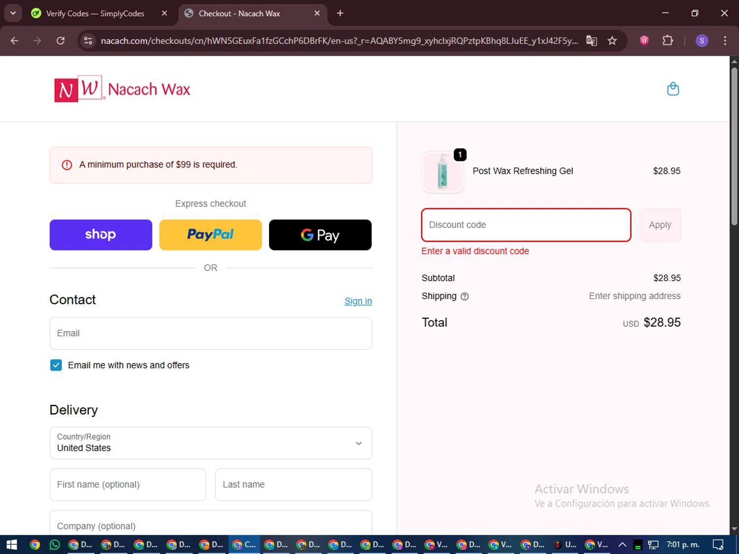 Nacach Wax discount code screenshot showing code FIRSTPURCHASE applied at Nacach Wax checkout page. Uploaded by SimplyCodes community member LuckyVoyager688 on Nov 13, 2025