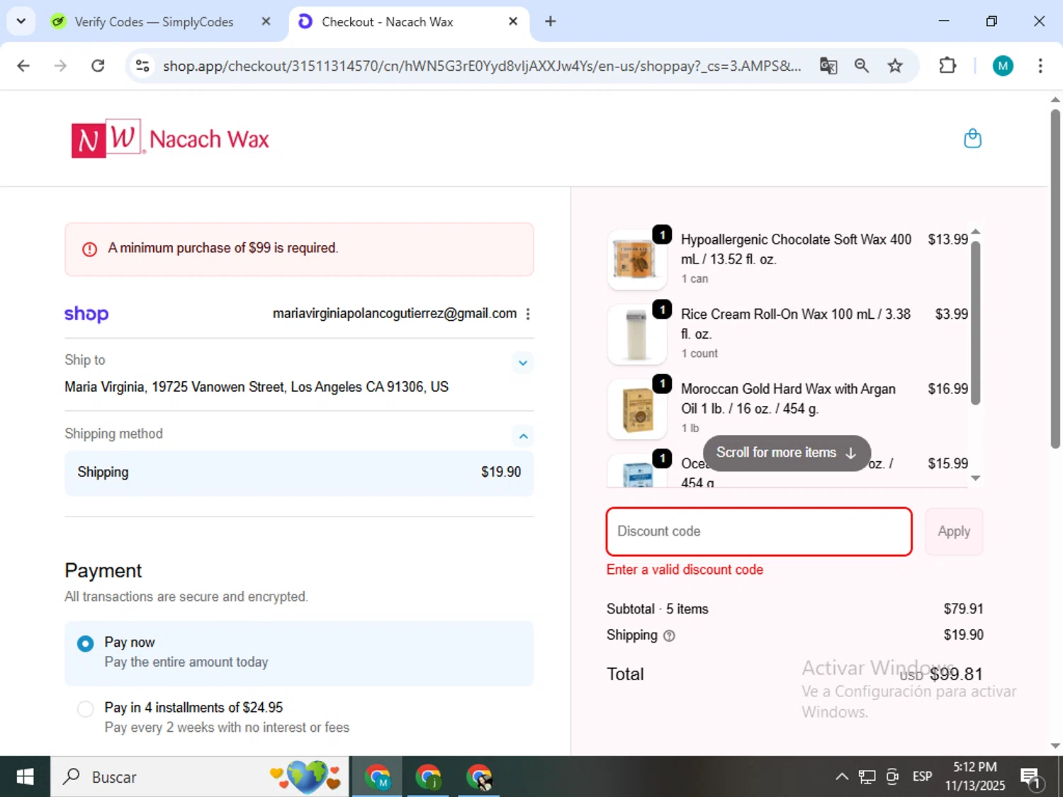 Nacach Wax discount code screenshot showing code FIRSTPURCHASE applied at Nacach Wax checkout page. Uploaded by SimplyCodes community member estrellaveloz on Nov 13, 2025
