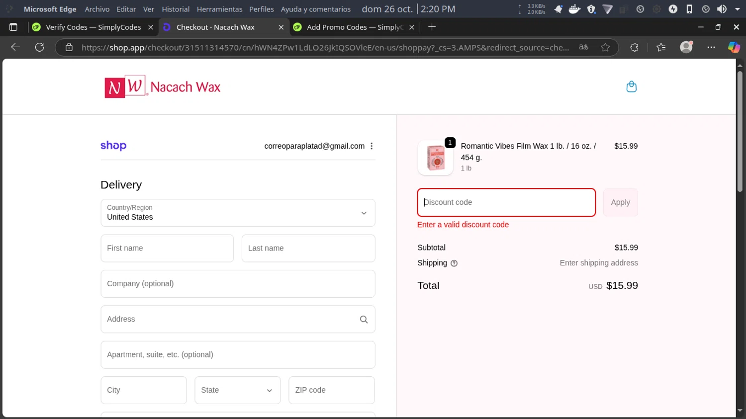 Nacach Wax discount code screenshot showing code 15OFF applied at Nacach Wax checkout page. Uploaded by SimplyCodes community member DaniTsu on Oct 26, 2025