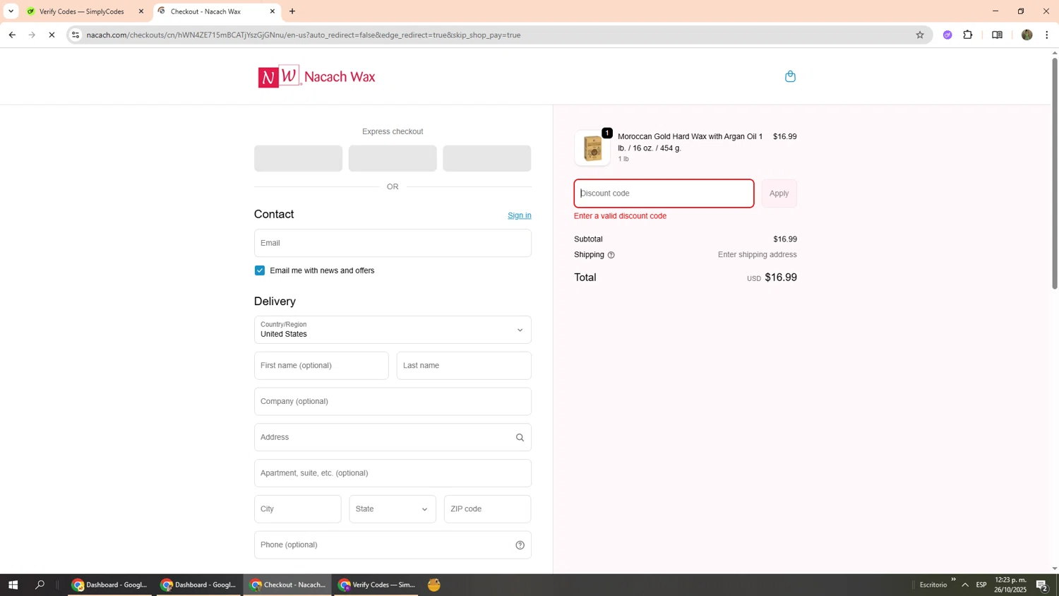 Nacach Wax discount code screenshot showing code 15OFF applied at Nacach Wax checkout page. Uploaded by SimplyCodes community member Phoenix585 on Oct 26, 2025