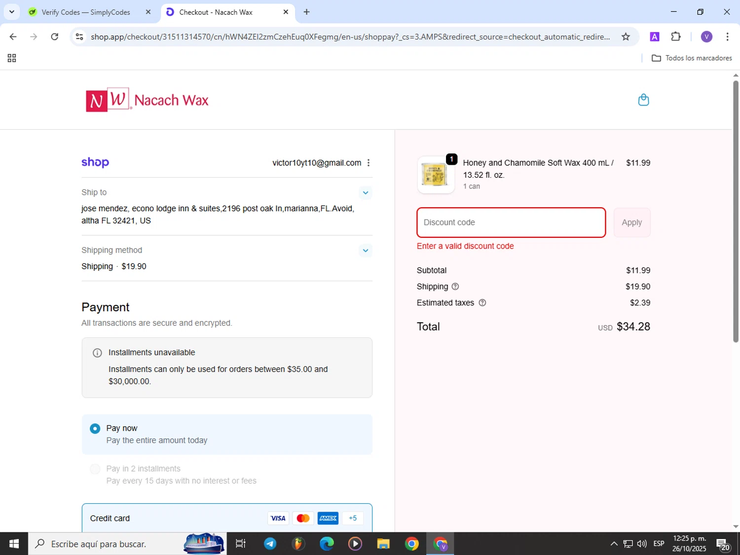 Nacach Wax discount code screenshot showing code 15OFF applied at Nacach Wax checkout page. Uploaded by SimplyCodes community member Satoru_gojo on Oct 26, 2025