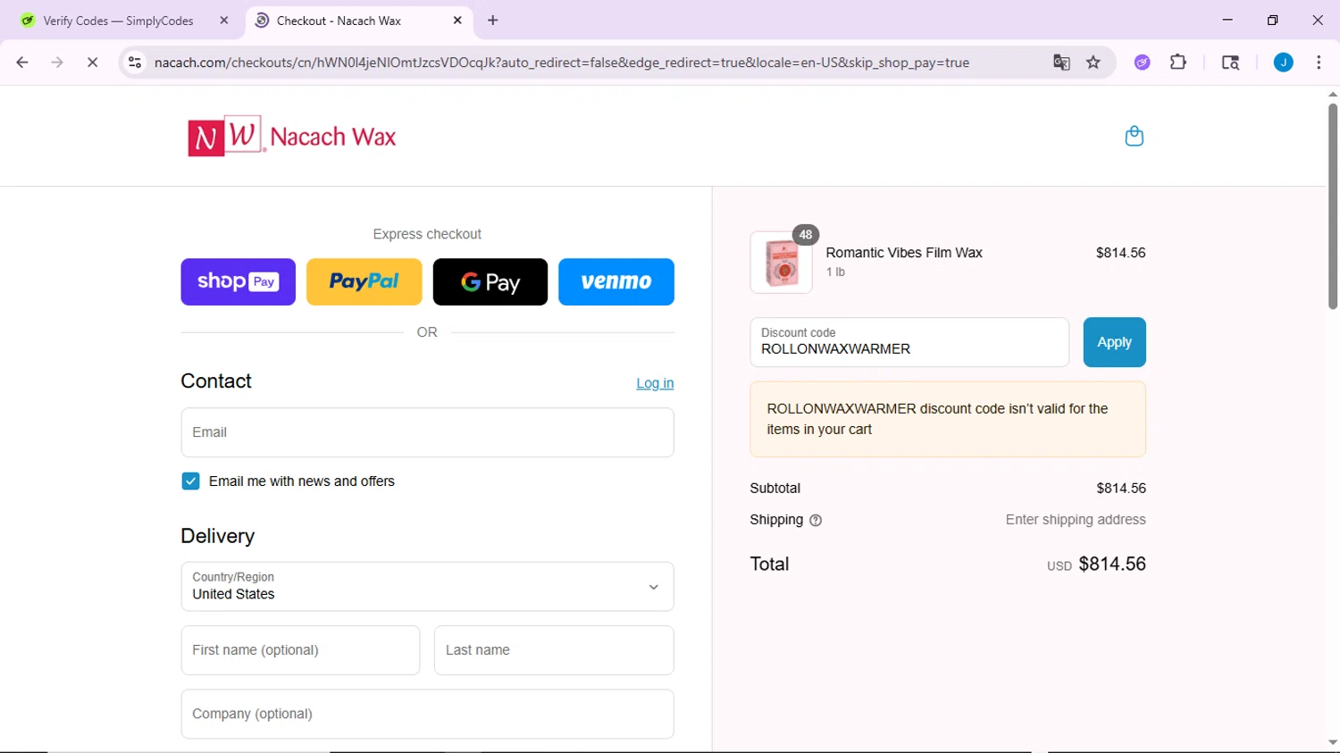 Nacach Wax discount code screenshot showing code ROLLONWAXWARMER applied at Nacach Wax checkout page. Uploaded by SimplyCodes community member CodeLynx3161 on Jul 18, 2025