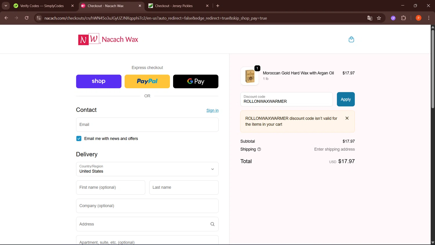 Nacach Wax discount code screenshot showing code ROLLONWAXWARMER applied at Nacach Wax checkout page. Uploaded by SimplyCodes community member LegendaryPro3698 on Oct 14, 2025