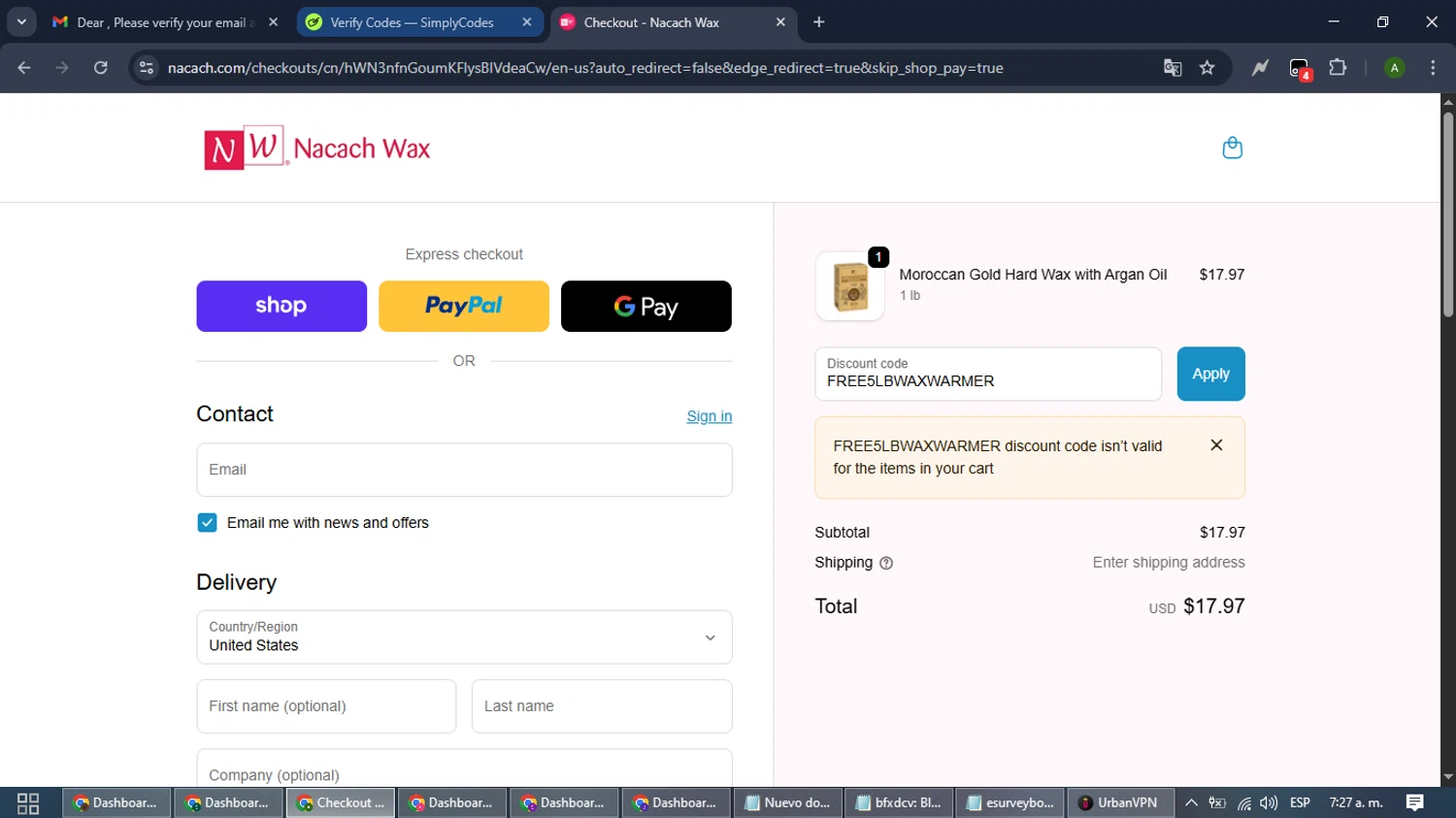 Nacach Wax discount code screenshot showing code FREE5LBWAXWARMER applied at Nacach Wax checkout page. Uploaded by SimplyCodes community member CashLynx5338 on Oct 6, 2025