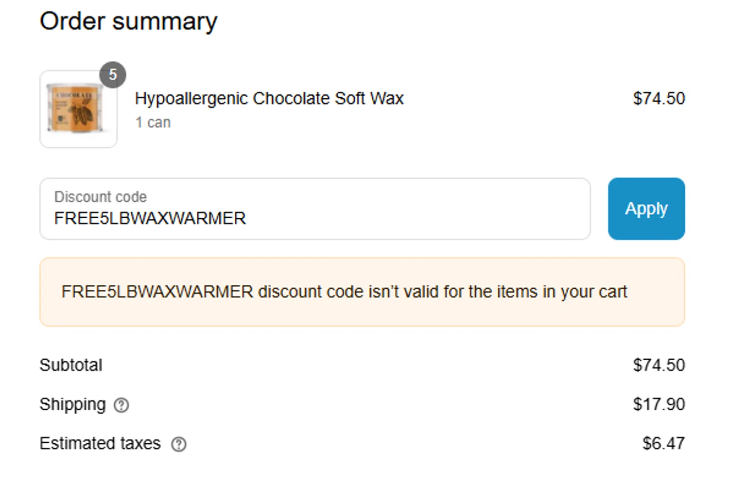 Nacach Wax discount code screenshot showing code FREE5LBWAXWARMER applied at Nacach Wax checkout page. Uploaded by SimplyCodes community member CleverLynx5188 on Jun 21, 2025