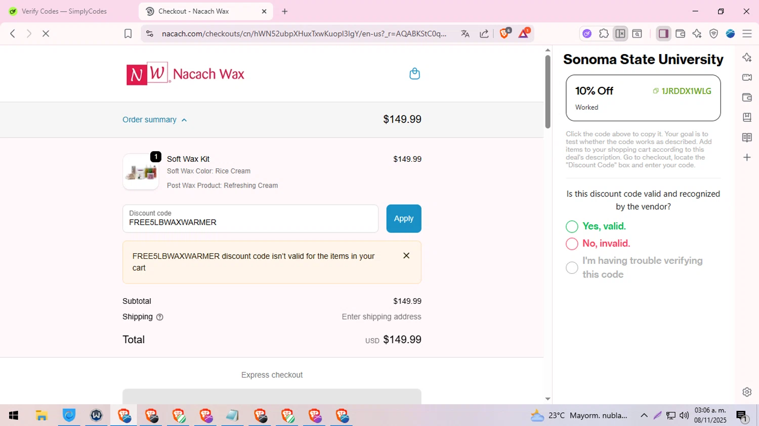 Nacach Wax discount code screenshot showing code FREE5LBWAXWARMER applied at Nacach Wax checkout page. Uploaded by SimplyCodes community member MoneySeeker8573 on Nov 8, 2025