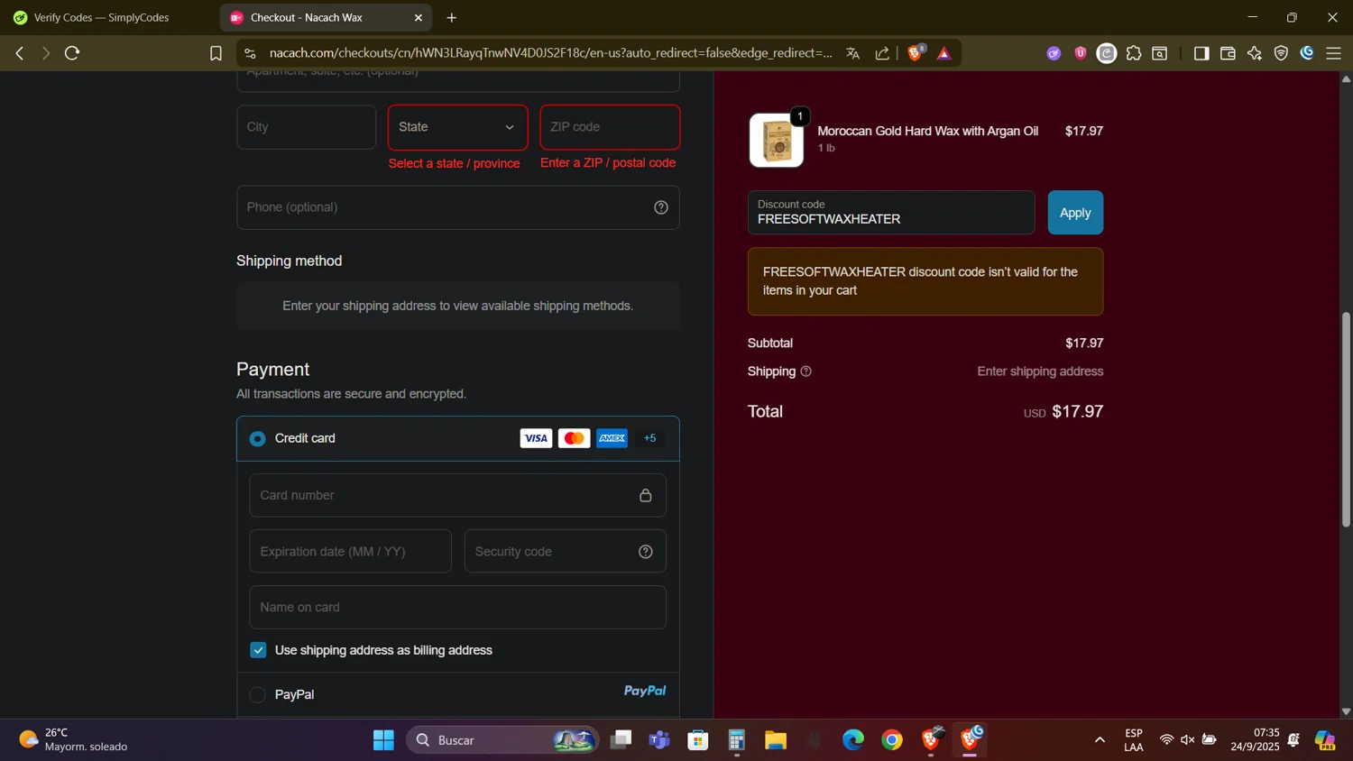 Nacach Wax discount code screenshot showing code FREESOFTWAXHEATER applied at Nacach Wax checkout page. Uploaded by SimplyCodes community member DealAdmiral5466 on Sep 24, 2025