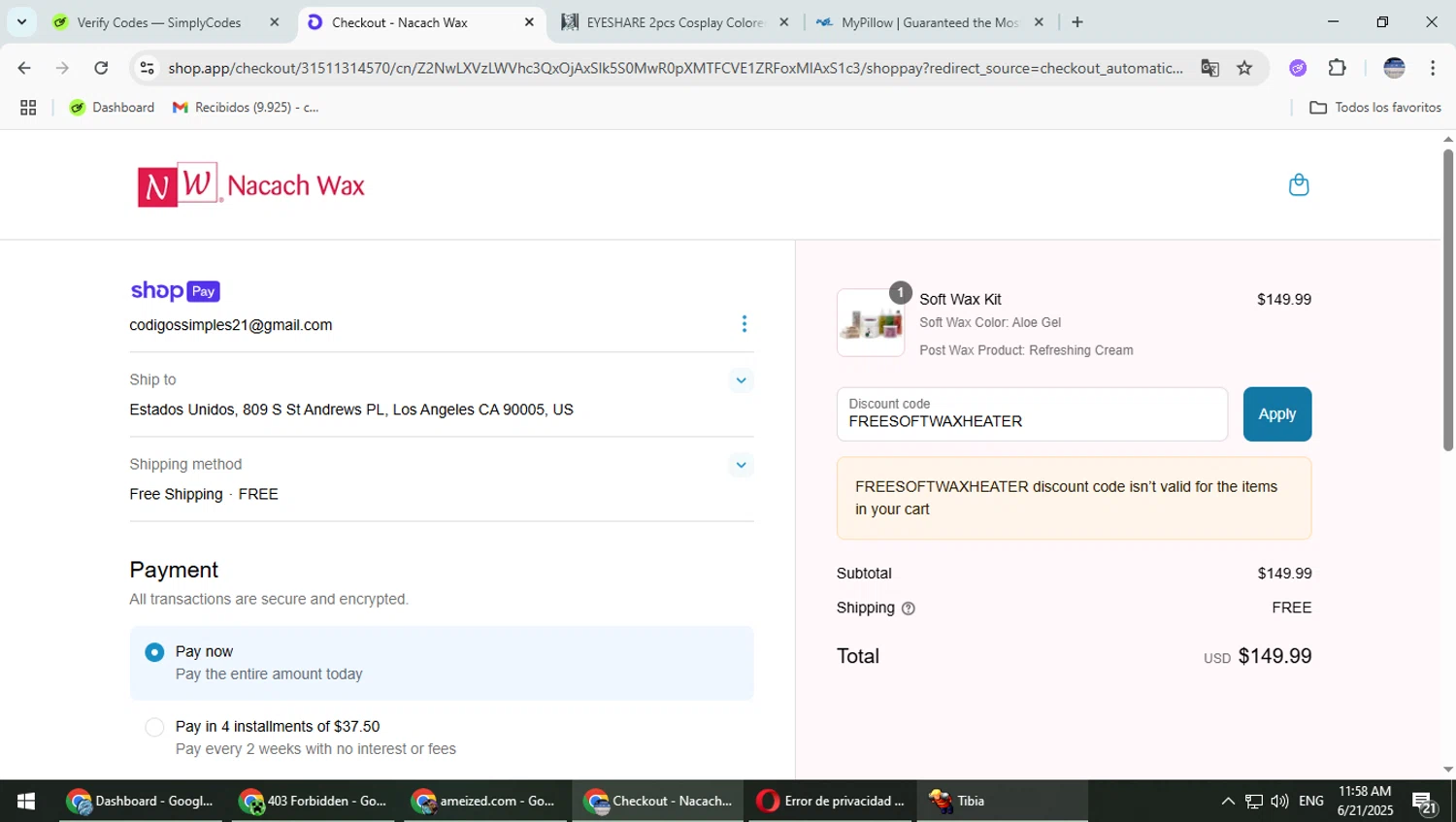 Nacach Wax discount code screenshot showing code FREESOFTWAXHEATER applied at Nacach Wax checkout page. Uploaded by SimplyCodes community member TrevorPhilips on Jun 21, 2025