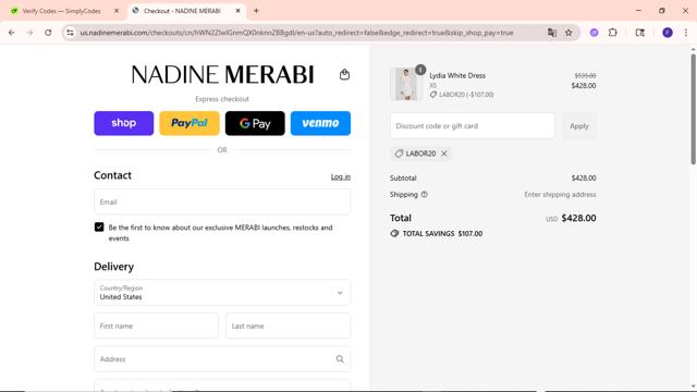 Nadine Merabi checkout page showing Nadine Merabi discount code box | Screenshot taken by SimplyCodes community member on Sep 4, 2025