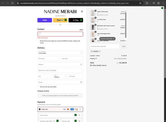 Nadine Merabi checkout page showing Nadine Merabi discount code box | Screenshot taken by SimplyCodes community member on Sep 4, 2025