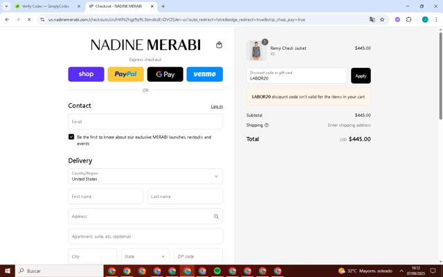 Nadine Merabi checkout page showing Nadine Merabi discount code box | Screenshot taken by SimplyCodes community member on Sep 7, 2025
