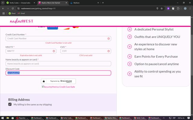 Nadine West checkout page showing Nadine West discount code box | Screenshot taken by SimplyCodes community member on Oct 23, 2024