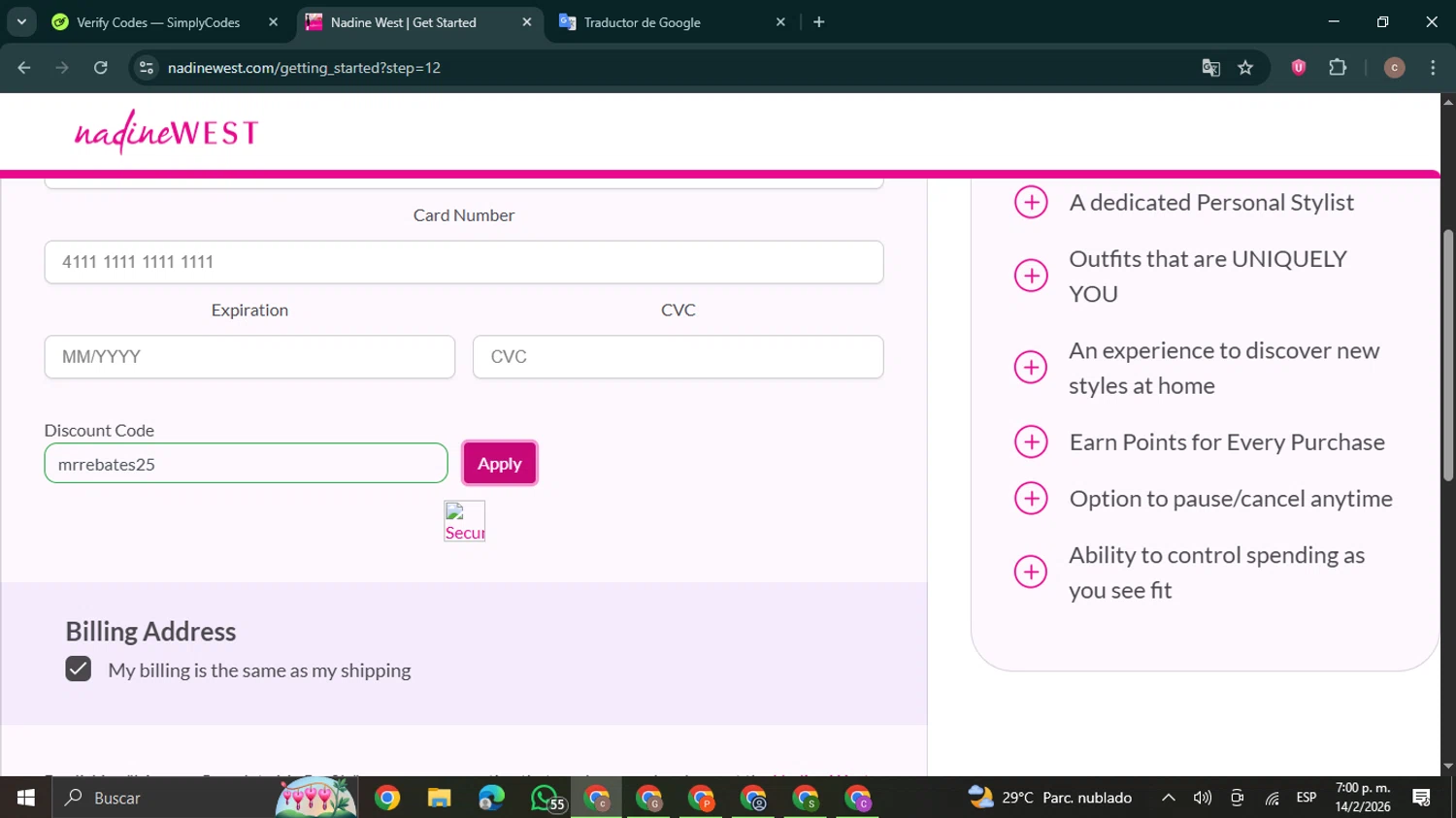 Nadine West promo code screenshot showing code mrrebates25 applied at Nadine West checkout page. Uploaded by SimplyCodes community member NobleExpert6497 on Feb 14, 2026