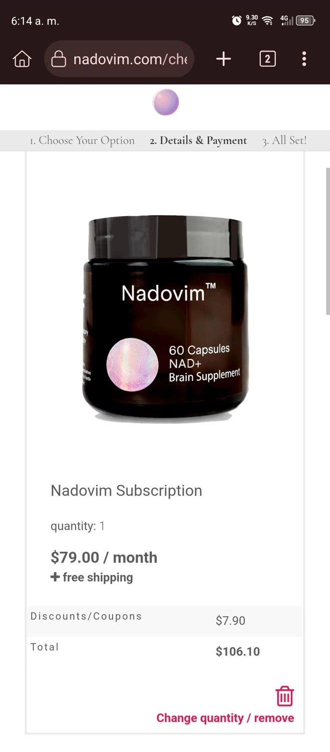 Nadovim coupon code screenshot showing code NAD+10 applied at Nadovim checkout page. Uploaded by SimplyCodes community member GumballWatterson on May 4, 2025