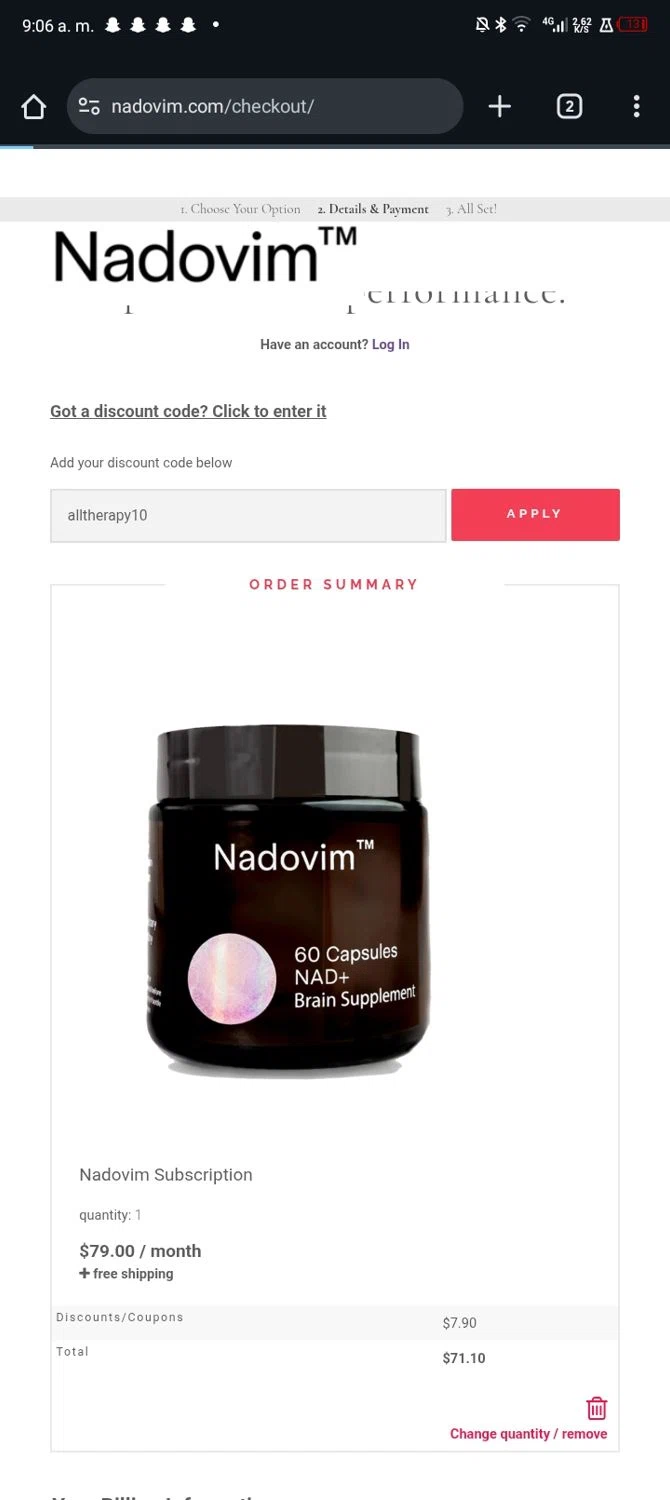 Nadovim coupon code screenshot showing code alltherapy10 applied at Nadovim checkout page. Uploaded by SimplyCodes community member Sasuk3 on Nov 9, 2025