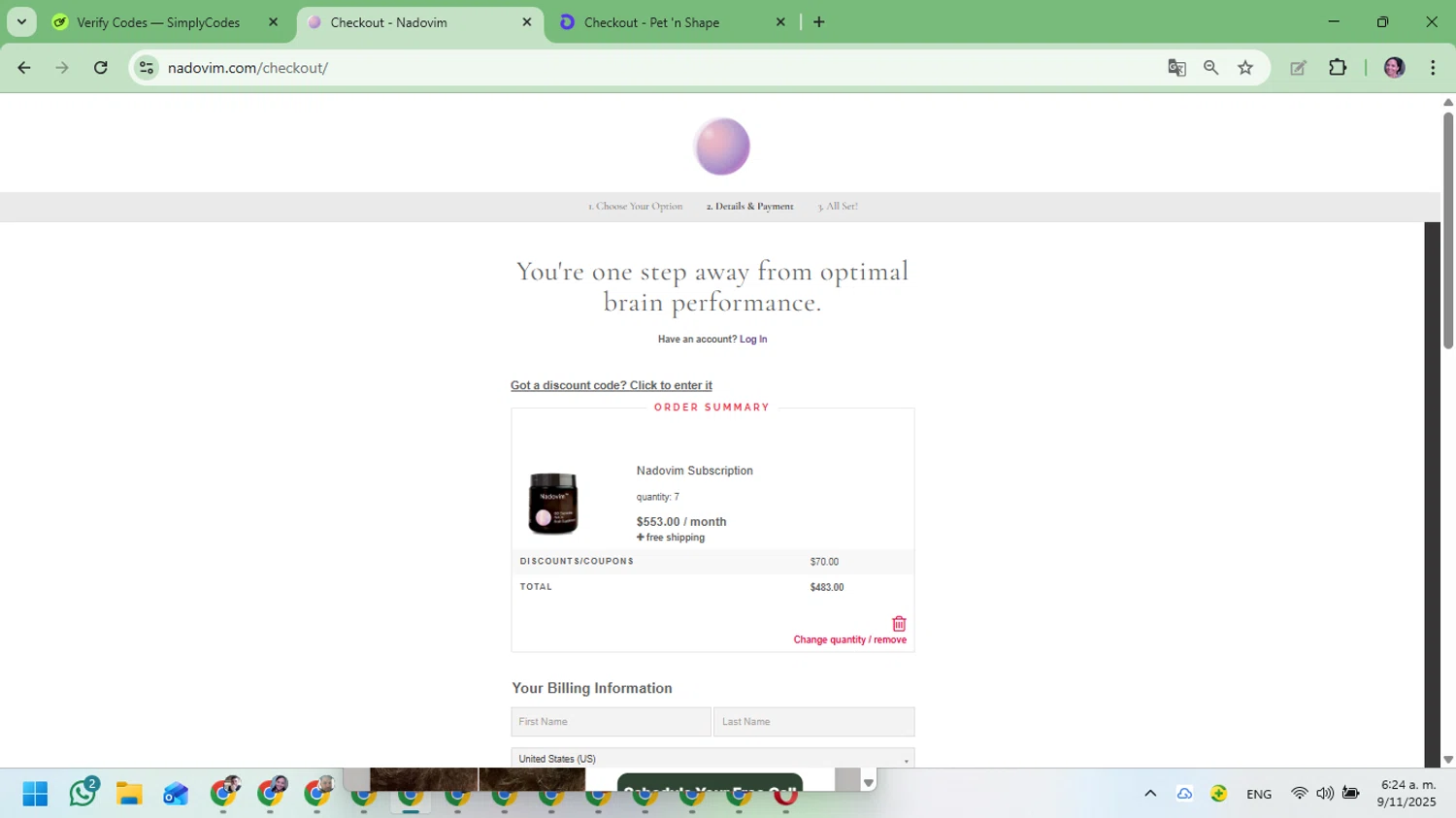 Nadovim checkout page showing Nadovim coupon code box | Screenshot taken by SimplyCodes community member on Nov 9, 2025