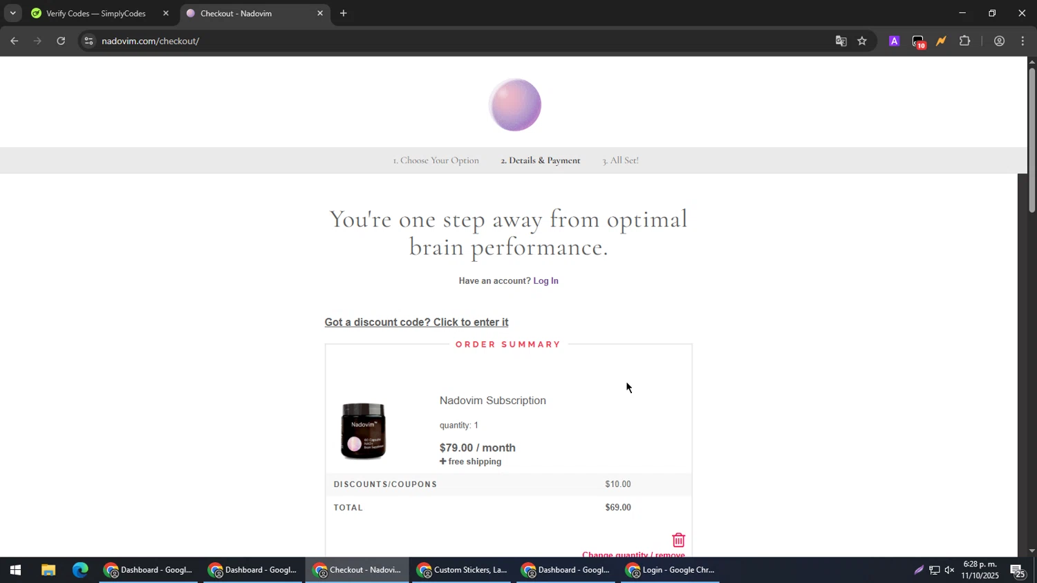 Nadovim checkout page showing Nadovim coupon code box | Screenshot taken by SimplyCodes community member on Oct 11, 2025