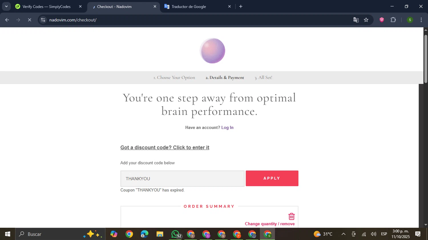 Nadovim coupon code screenshot showing code THANKYOU applied at Nadovim checkout page. Uploaded by SimplyCodes community member RewardMaverick445 on Oct 11, 2025