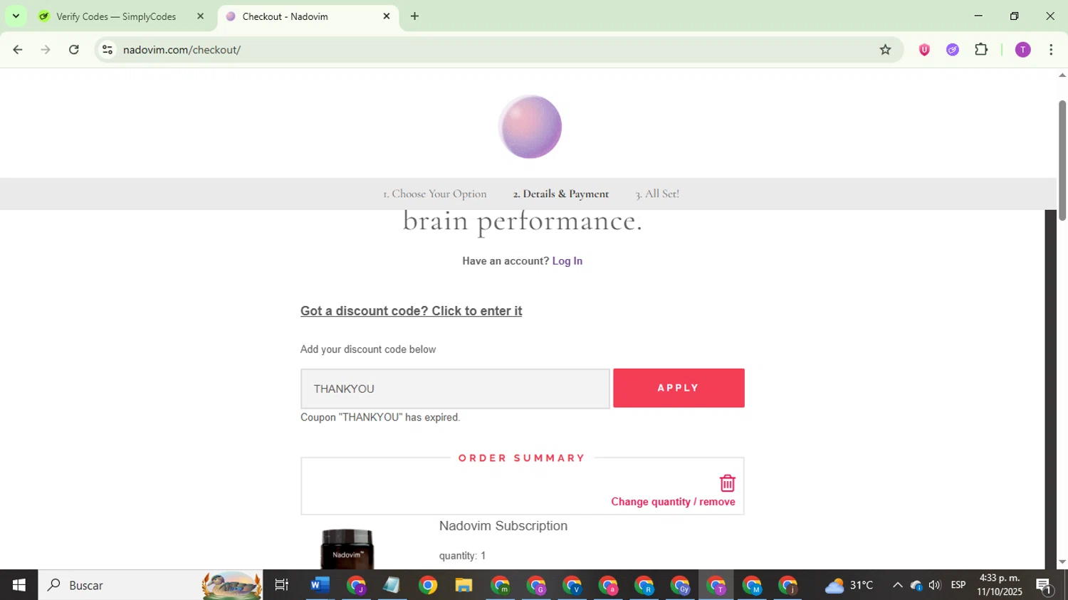 Nadovim coupon code screenshot showing code THANKYOU applied at Nadovim checkout page. Uploaded by SimplyCodes community member ThriftyCurator4085 on Oct 11, 2025