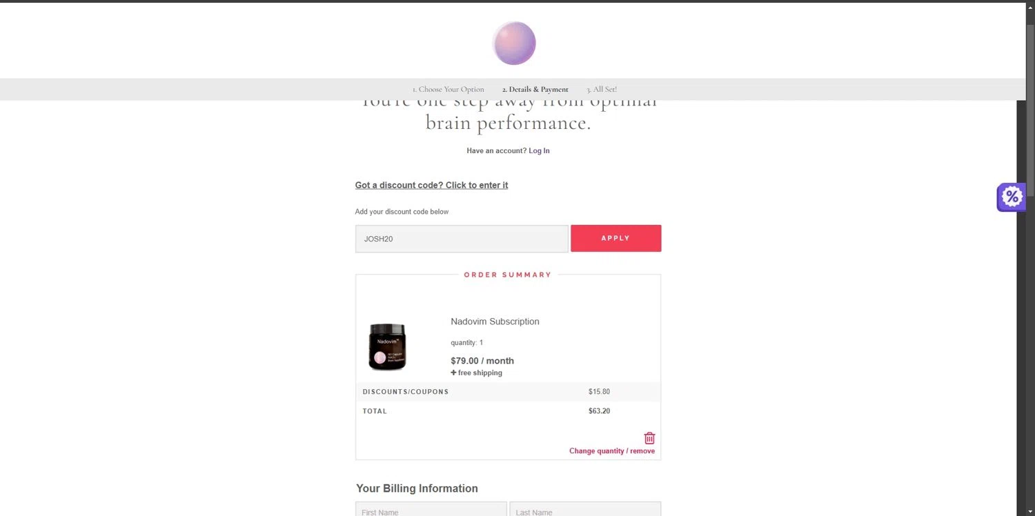 Nadovim coupon code screenshot showing code JOSH20 applied at Nadovim checkout page. Uploaded by SimplyCodes community member Depressive on Dec 20, 2024