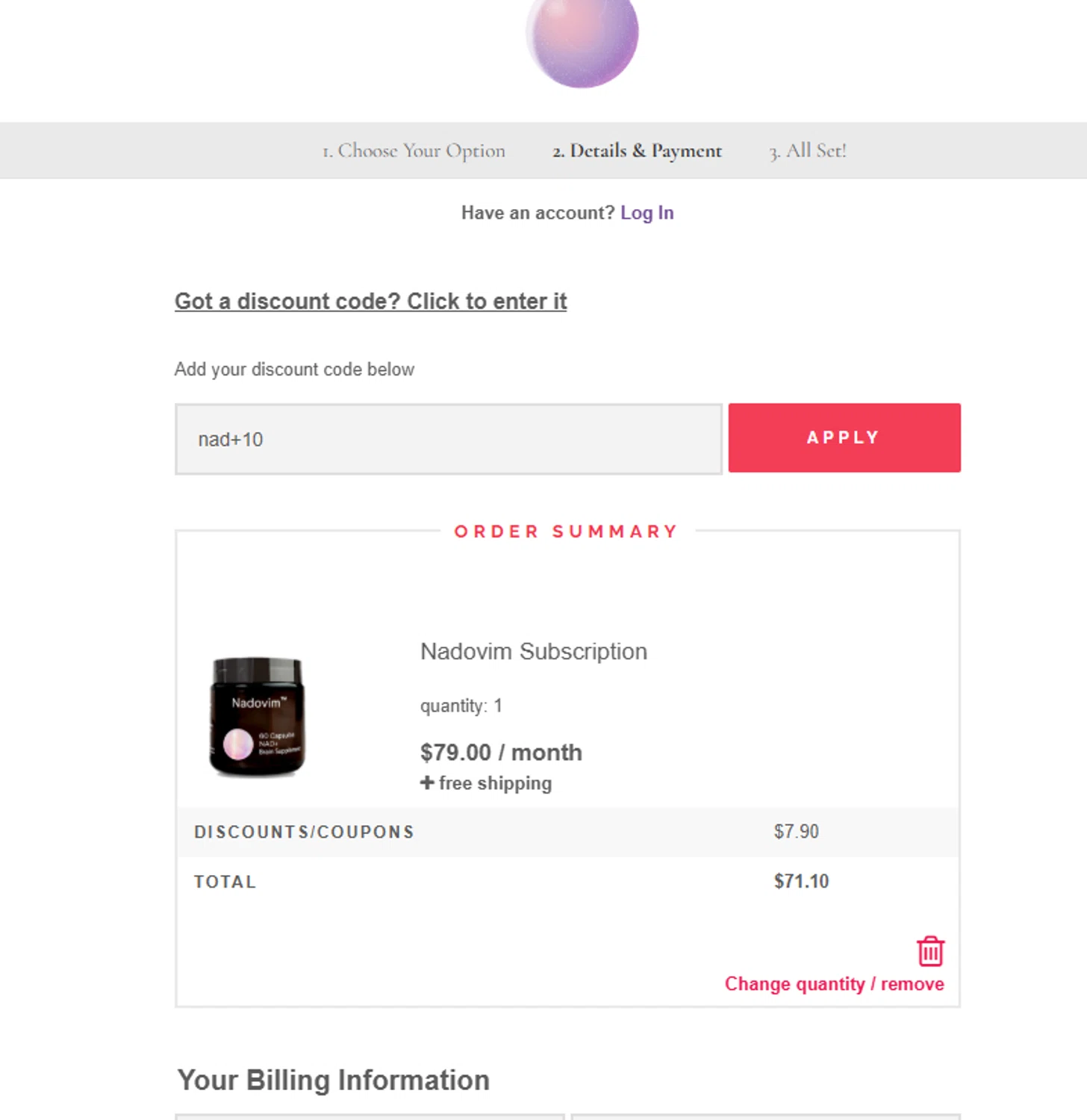 Nadovim coupon code screenshot showing code nad+10 applied at Nadovim checkout page. Uploaded by SimplyCodes community member Westcoll on Dec 20, 2024
