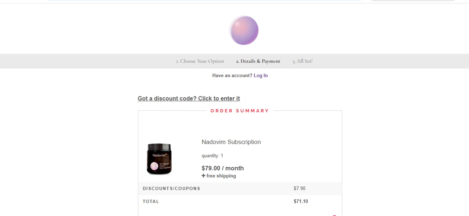 Nadovim coupon code screenshot showing code NAD+10 applied at Nadovim checkout page. Uploaded by SimplyCodes community member shark12 on Jan 30, 2025