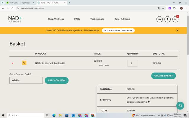 NAD+ AT HOME checkout page showing NAD+ AT HOME promo code box | Screenshot taken by SimplyCodes community member on Feb 4, 2025
