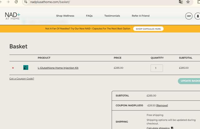 NAD+ AT HOME checkout page showing NAD+ AT HOME promo code box | Screenshot taken by SimplyCodes community member on Dec 14, 2024