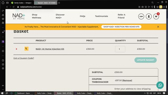 NAD+ AT HOME checkout page showing NAD+ AT HOME promo code box | Screenshot taken by SimplyCodes community member on Apr 3, 2025