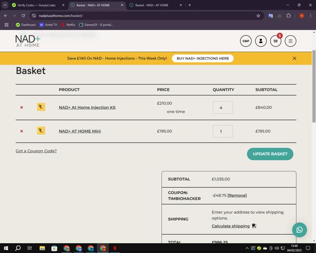 NAD+ AT HOME checkout page showing NAD+ AT HOME promo code box | Screenshot taken by SimplyCodes community member on Feb 4, 2025