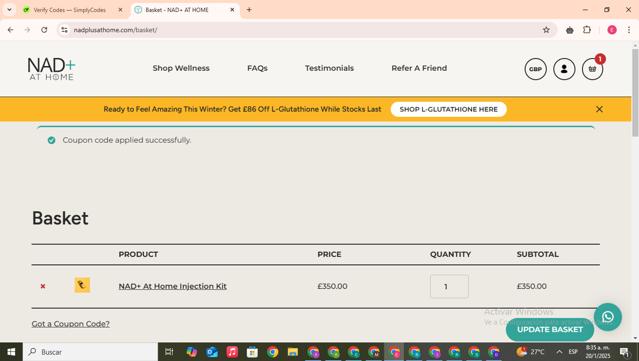 NAD+ AT HOME checkout page showing NAD+ AT HOME promo code box | Screenshot taken by SimplyCodes community member on Jan 20, 2025