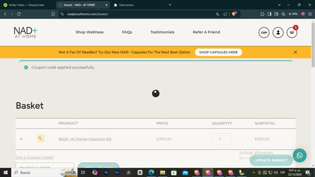 NAD+ AT HOME checkout page showing NAD+ AT HOME promo code box | Screenshot taken by SimplyCodes community member on Dec 22, 2024