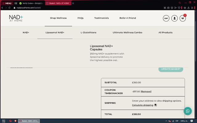 NAD+ AT HOME checkout page showing NAD+ AT HOME promo code box | Screenshot taken by SimplyCodes community member on Mar 5, 2025