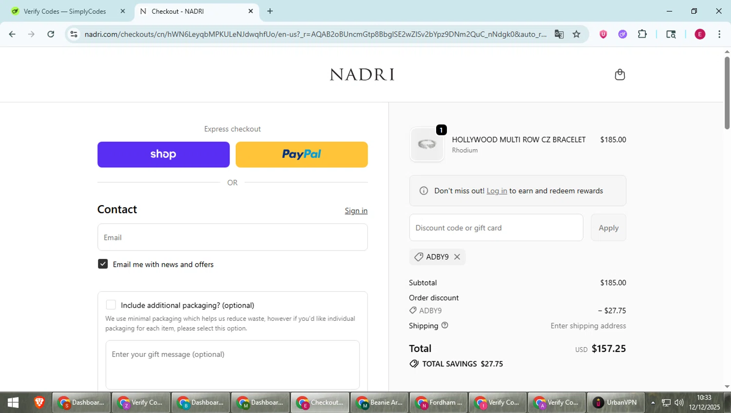 Nadri Jewelry promo code screenshot showing code ADBY9 applied at Nadri Jewelry checkout page. Uploaded by SimplyCodes community member BrilliantWhiz4434 on Dec 12, 2025