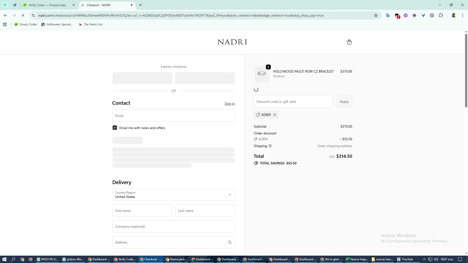 Nadri Jewelry promo code screenshot showing code ADBI9 applied at Nadri Jewelry checkout page. Uploaded by SimplyCodes community member Hulk__ on Dec 12, 2025